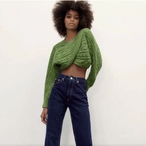 ZARA Moss Green Cable Cropped Wrap Sweater